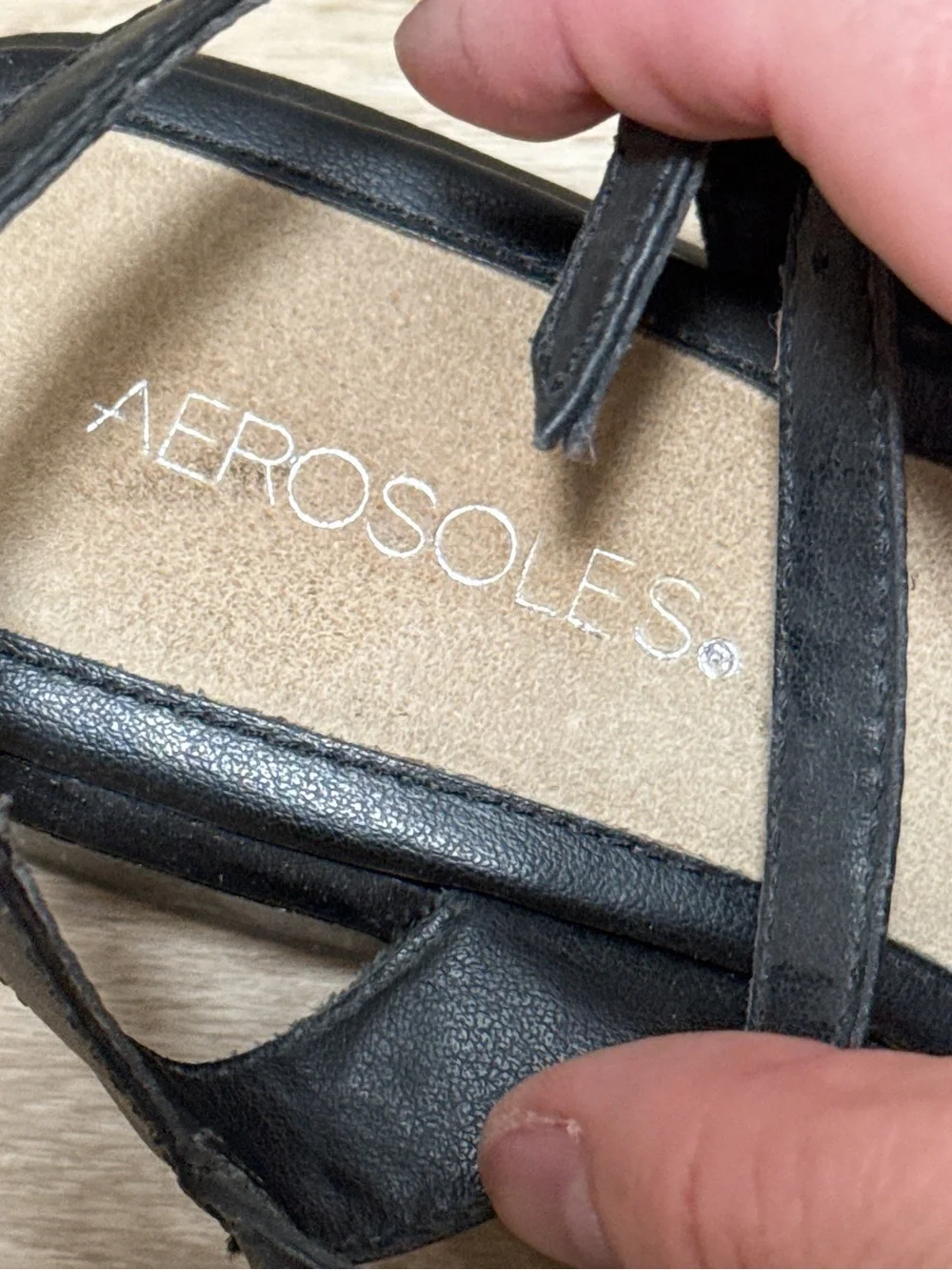 AEROSOLES Black Leather Strappy Sandals with Silver Accents